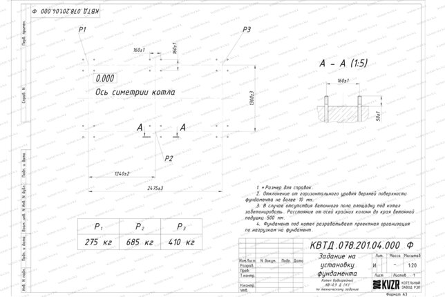 Чертеж фундамента котла на дровах 0.9 МВт с колосниками